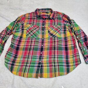 Lauren Ralph Lauren Multicolor Plaid Linen Button‎ Up Casual Plus Size Blouse 2x